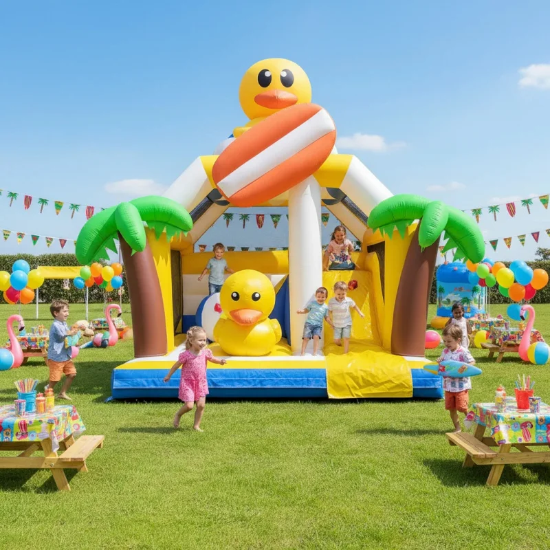 Yellow Duck Inflatable Bounce House with Slide, Tropical Beach Themed Kids Jumper for Party