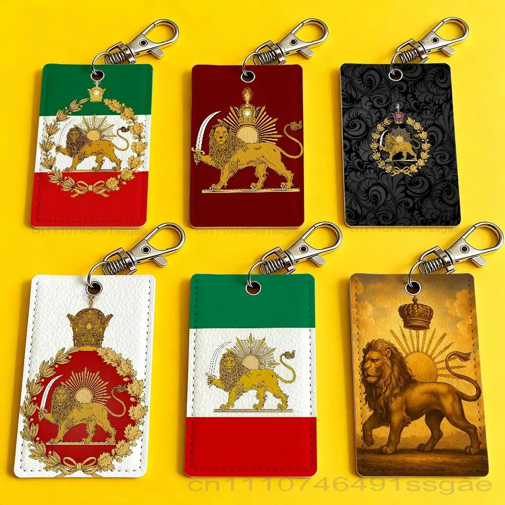 

Iran emblem Lion sun Crown Card Case Leather Card Holder Keychain Key Ring Door Access Tags ID Card Case Keychain