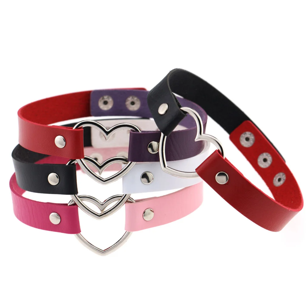 Punk Harajuku Soft girl Street dance Personality Rock and roll Heart shape Multicolored Leather Stainless steel Necklace  Simple