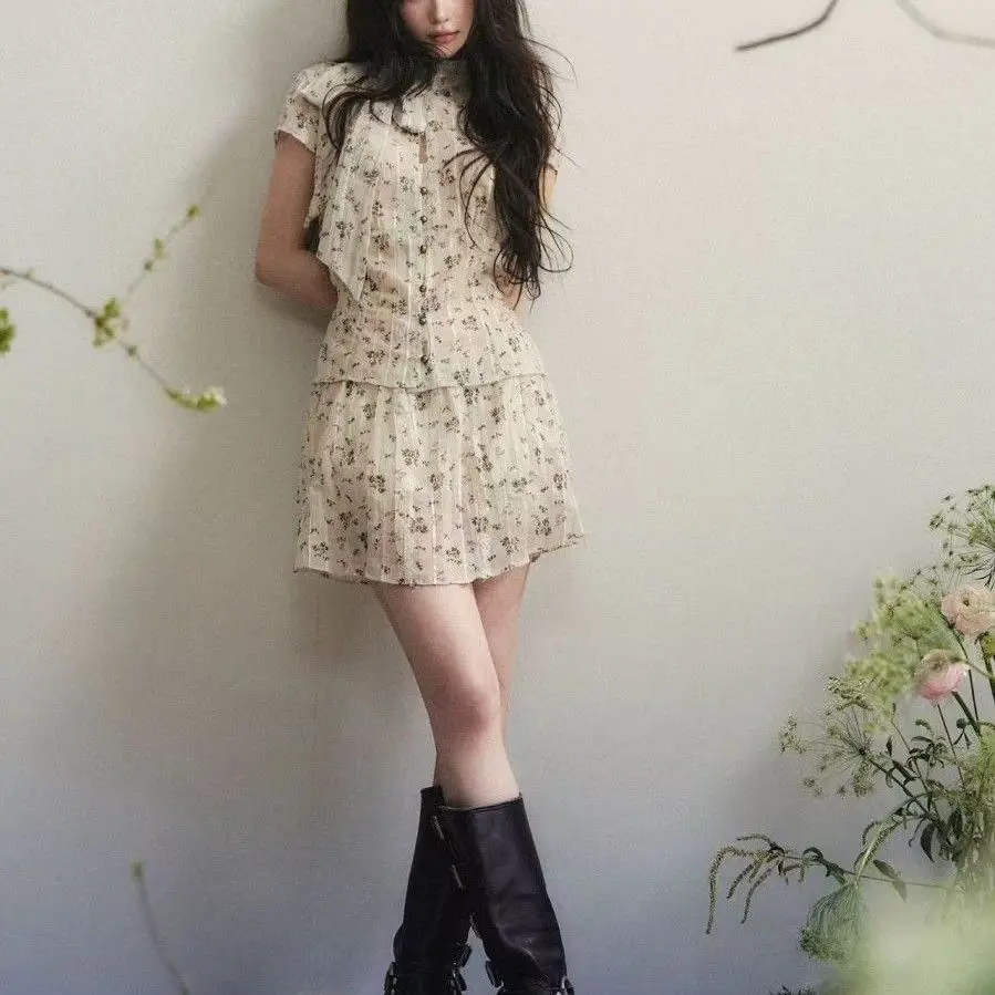 Spring Summer 2026 Floral Print Crop Top And Short Skirt Set Waist Cinched Half Length Korean Style Two Piece Fashion Ensemble