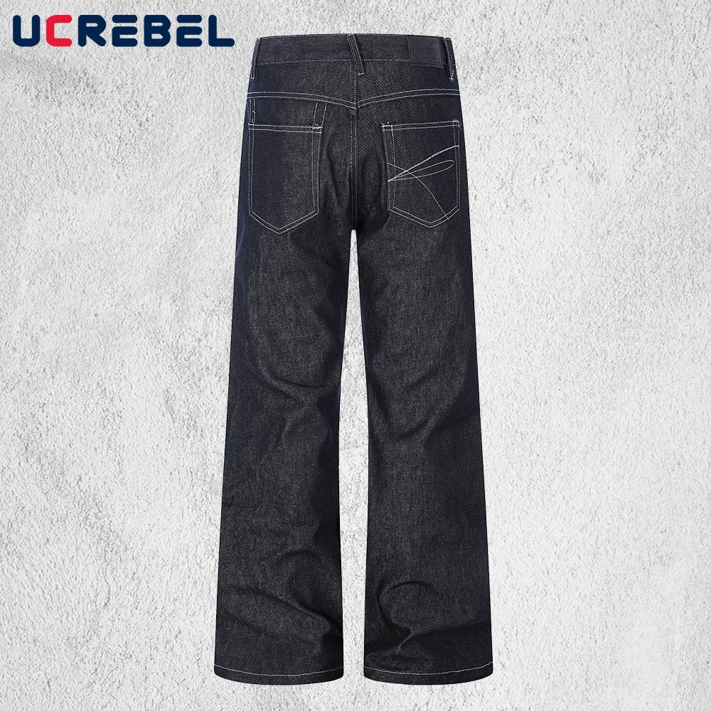 Single Breasted Raw Jeans Mens Topstitch Retro High Street Straight Baggy Denim Pants Man