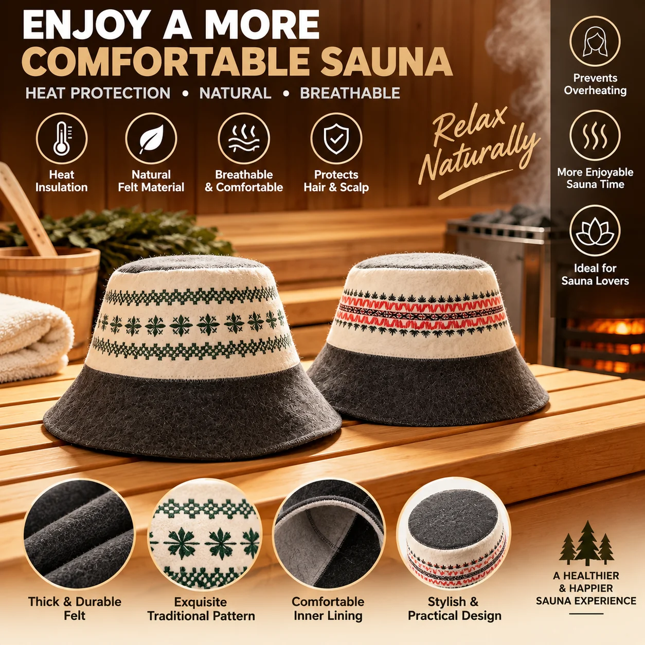 Set Wool Felt Sauna Hat Heat Resistant Embroidered Banya Cap for Russian & Finnish Sauna Steam Room Head Protection