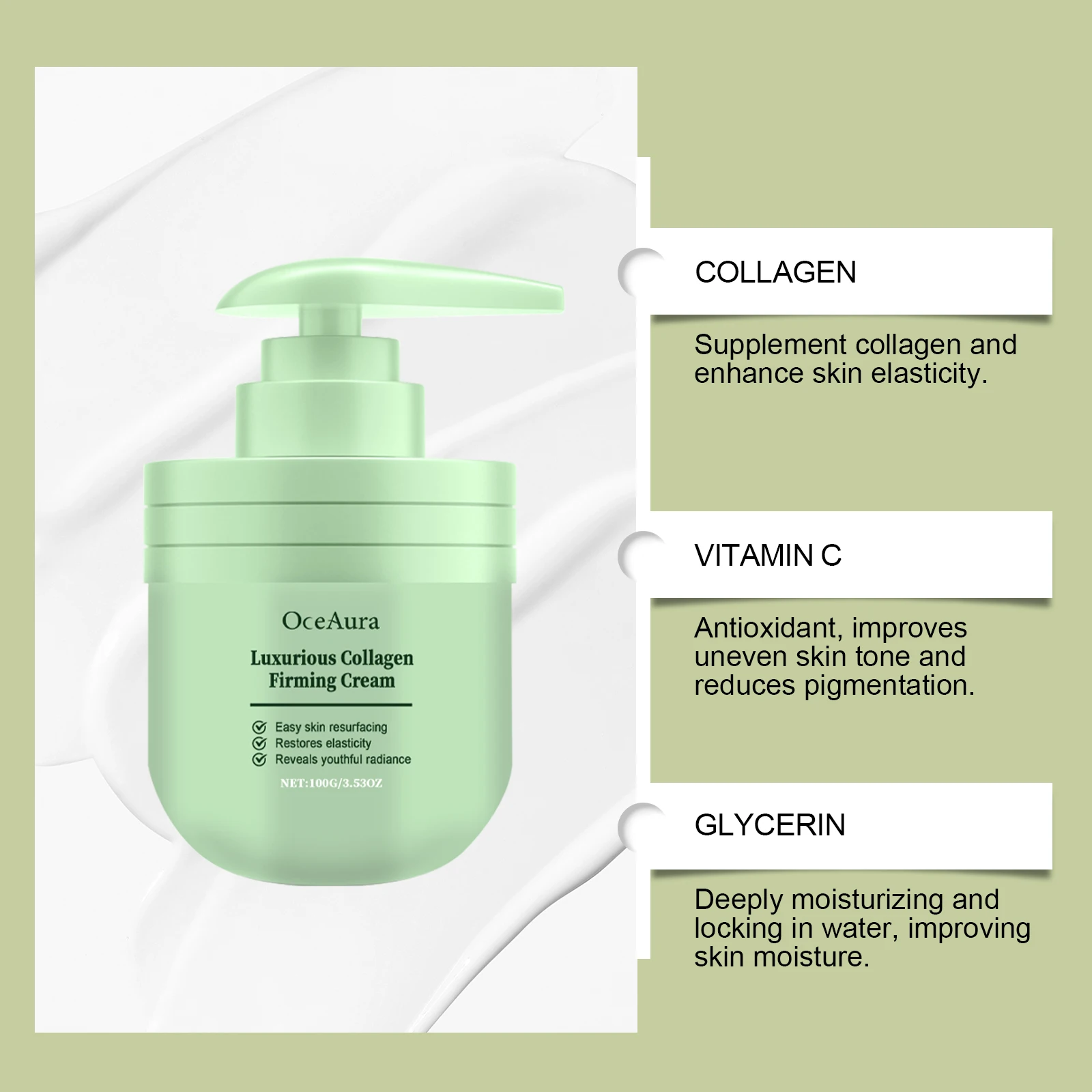 Krim Pengencang Kolagen OceAura Menghidrasi Kulit Lembut, Mengencangkan, Garis Pencerah, dan Krim Tubuh Peremajaan