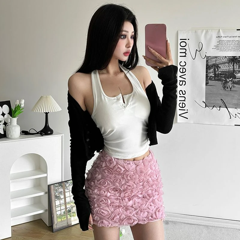 KUSAHIKI Chic 3D Rose High Waisted Half Skirt for Women Slim Fitting Elegant Korean Spicy Versatile Hip Wrapped Y2k Skirts Mujer