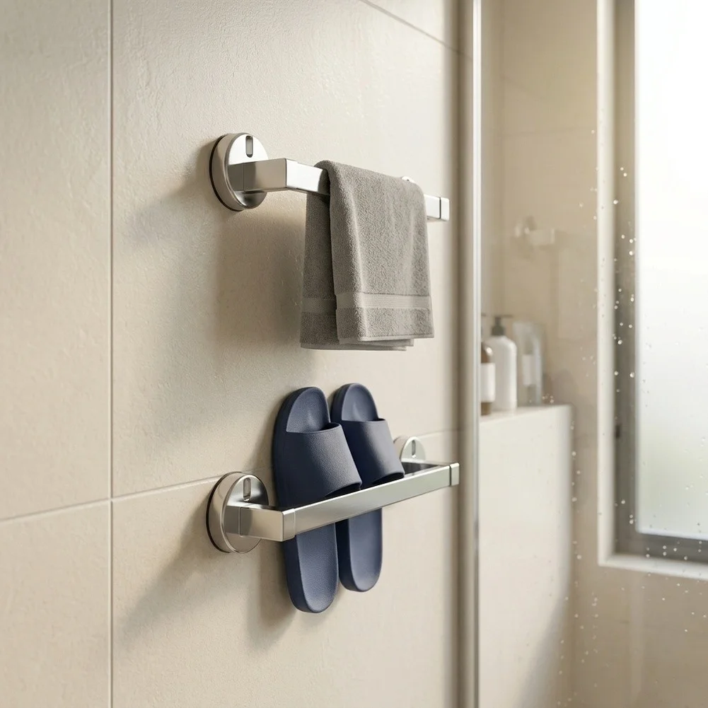 Suction Based Towel and Slipper Rack for Bathroom Use Constructed from Moisture Resistant Aluminum for Long Term Durability