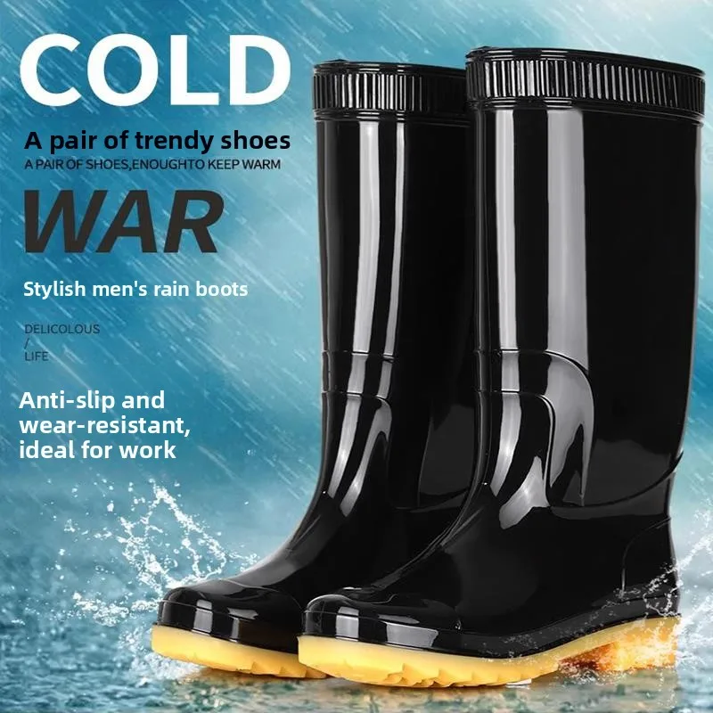 

New Men's Rain Boots Thiened Anti-Slip Fce Lined Low High Middle Tube Bull Tendon oes Wear Resistant Waterproof Boots