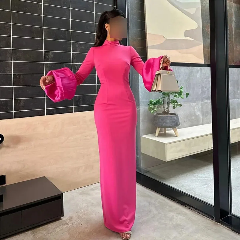 Vintage Long Sleeve Evening Dresses Puff Sleeves Sheath Fuchsia High Neck Floor Length Formal Occasion Prom Party Gowns