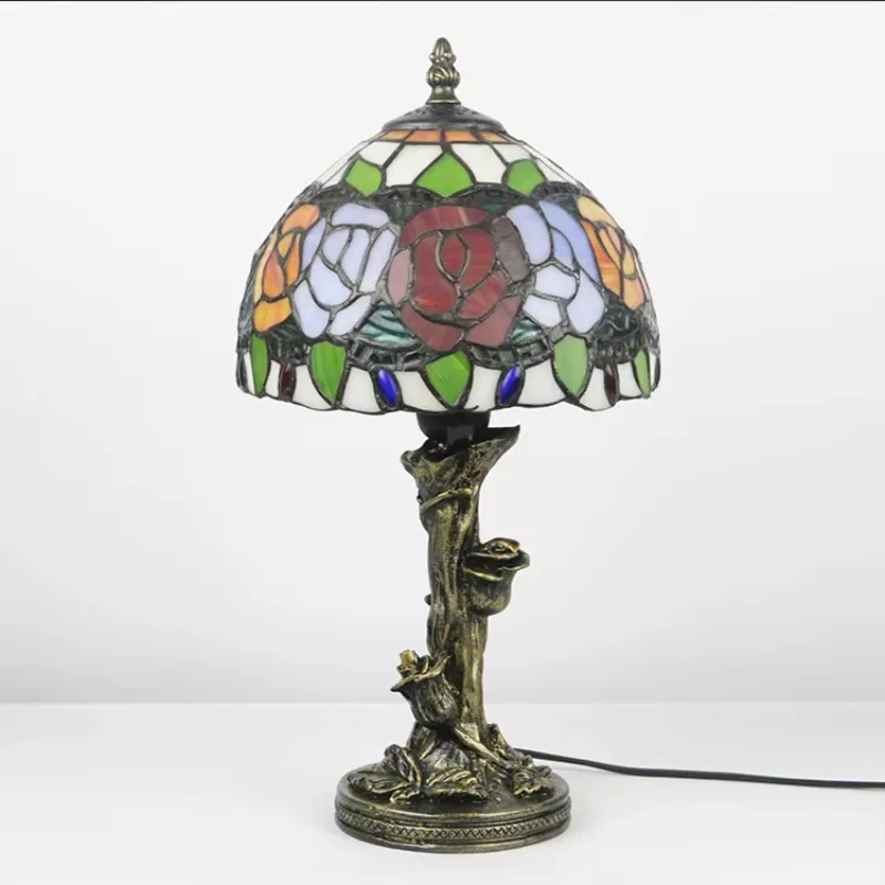 

8-дюймовая настольная лампа Тиффани из витражного стекла, европейская цветная настольная лампа с абажуром розы