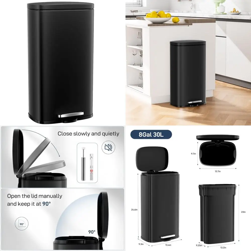 

Stainless Steel 8 Gallon Trash Can with Soft-Close Lid and Removable Inner Bucket for Easy Cleaning