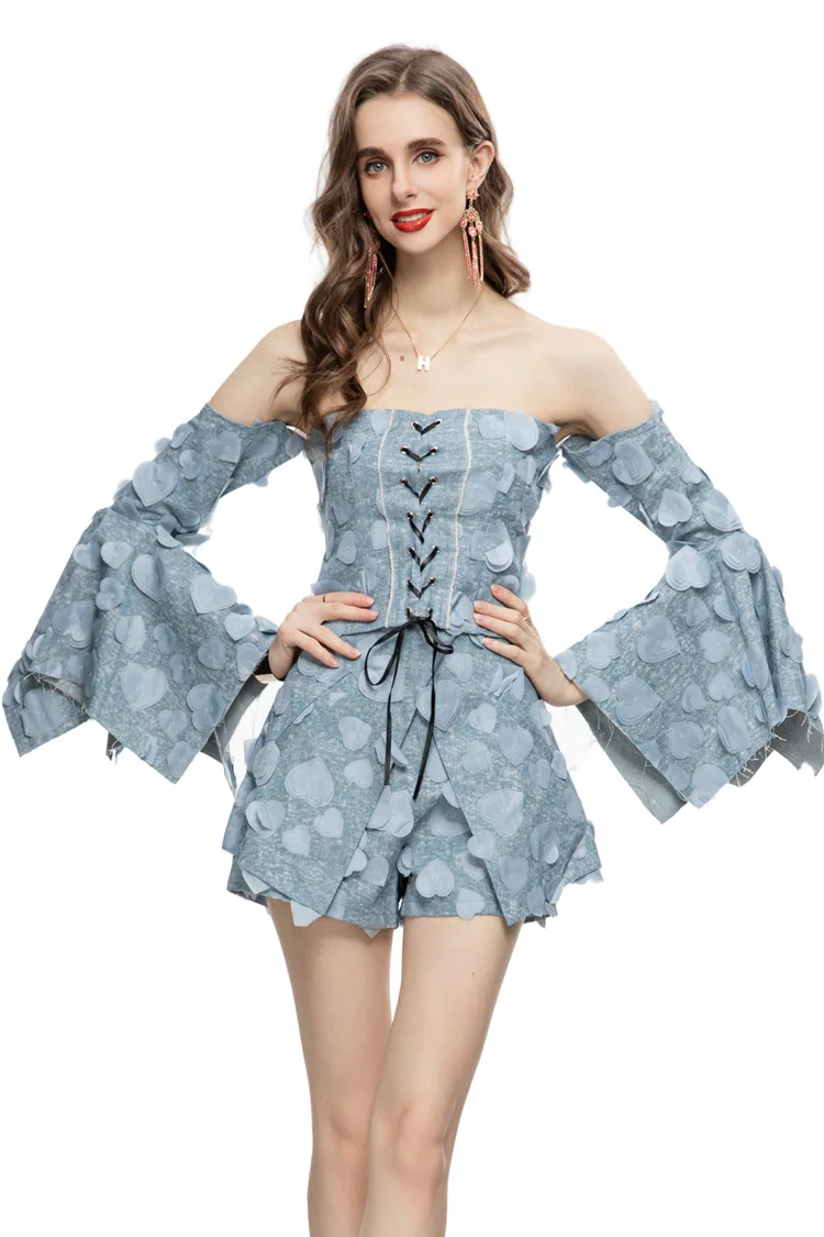 Short Sets Clothes For Women 2023 Unique New Denim Loving Hearts Appliques Bandage Cute Hot  Two Piece Suit Female S-XL