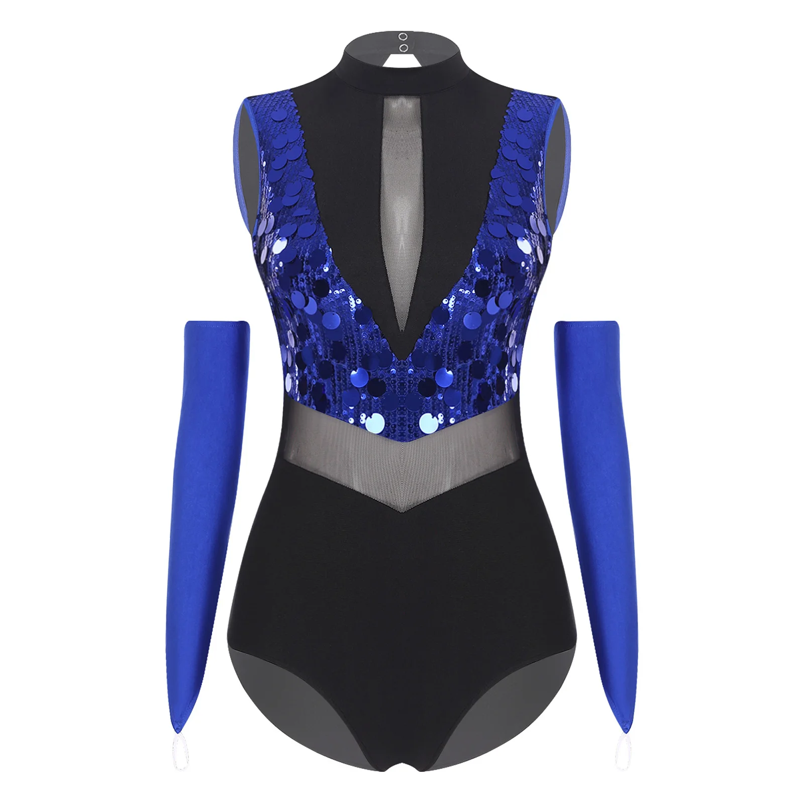 Women Jazz Latin Leotard Gymnastics Dance Performance Outfit Sleeveless Mesh Waist Cutout Sparkling Sequins Bodysuit with Gloves