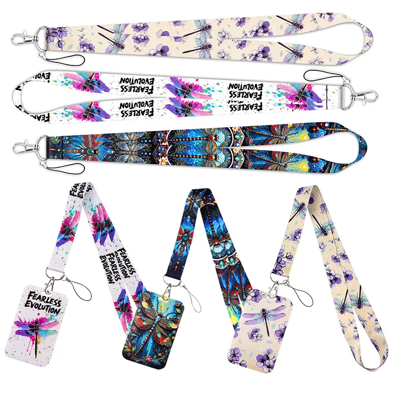 Dragonfly Printed Lanyard Hard Slide Cover Card Holder, Multi-use Neck Strap Keychain, Storage Sleeve for Bus Card Student