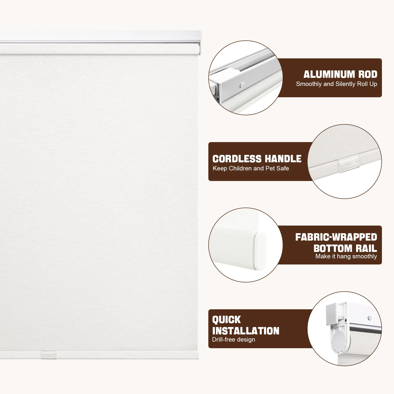 No-Drill Manual Push-Pull Translucent Roller Blind – Sheer Window Shade for Rental, Kitchen, Bathroom