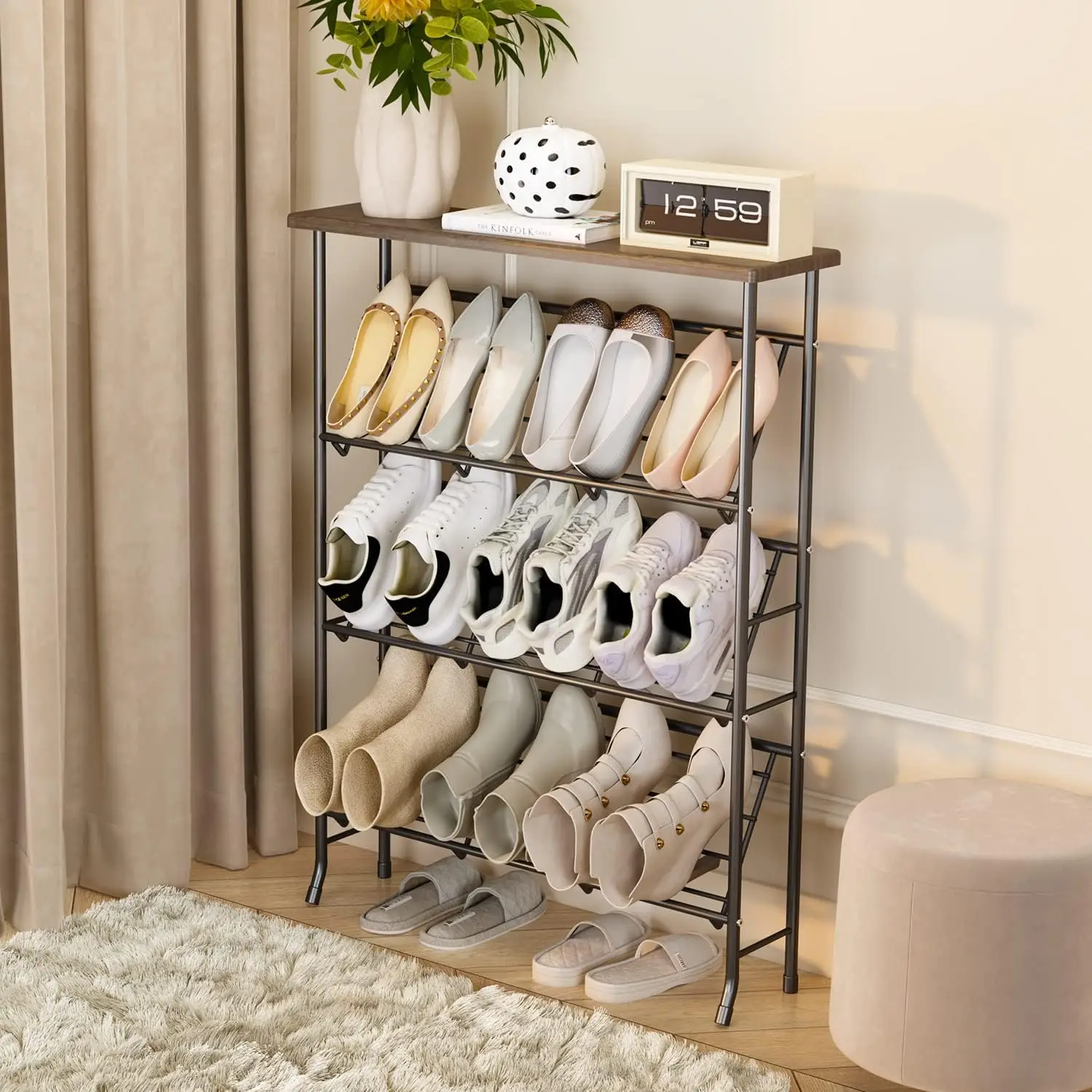 4 Tier Metal Shoe Storage Shelf, Free Standing Shoe Racks, Space Saving Shoe Rack Organizer for Entryway, Hallway, Bedroom