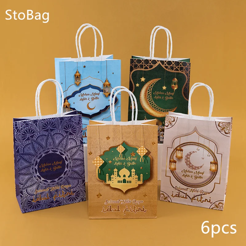 

StoBag Eid Ramadan Tote Kraft Paper Bag Candy Packaging for Muslim Moon Decoration Gifts Chocolate Snacks Party Supplies 6Pcs