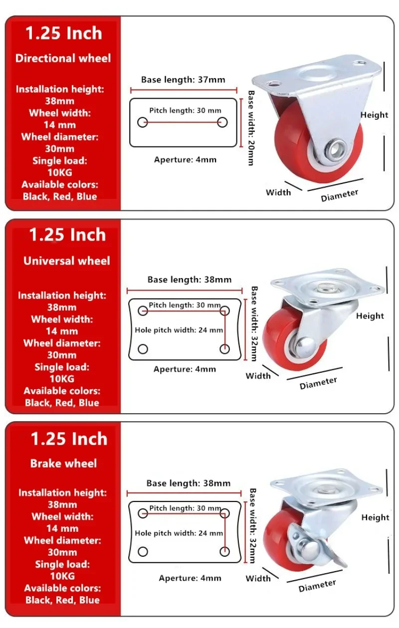 4 Pcs 1.25 Inch Silent Swivel Caster Trolley Wheels Furniture Hardware Steering Pulleys Chair Directional /Universal/Brake