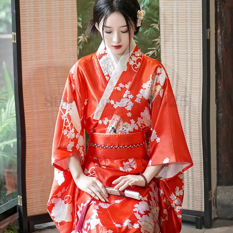 Female Printed Flower Japan Kimono Wedding Party Dress Vintage Novelty Cosplay Costume Sexy Yukata with Obi Geisha Bath Robe