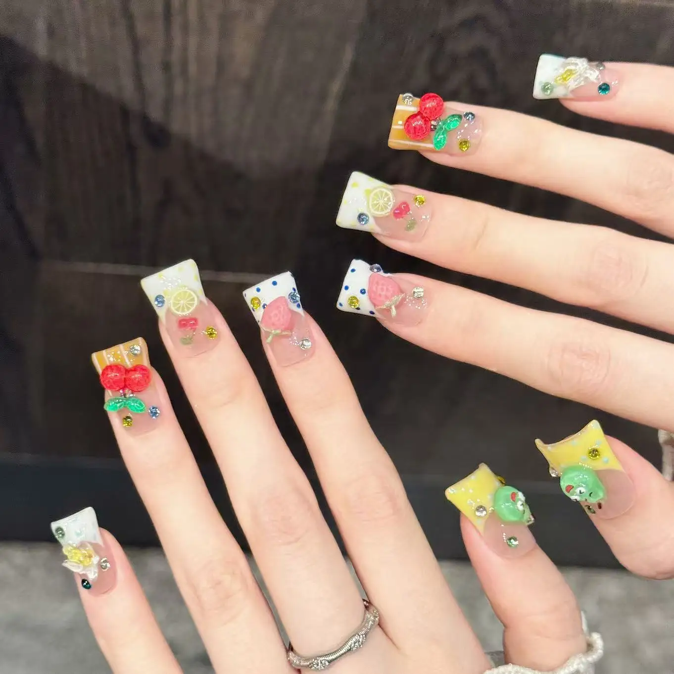 10PCS Handmade Nails Lemon Fruit Story Cute Sweet Girl Press On Nails Full Cover Fake Nails With 4-PIECE Tool Adhesive Nail Glue