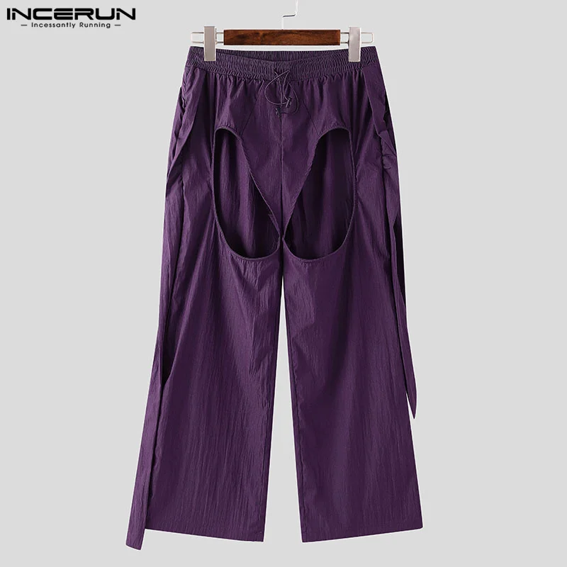 

INCERUN мужские брюки однотонные джоггеры на шнурке свободные брюки мужские уличная одежда с вырезами 2025 модные мужские длинные брюки S-5XL