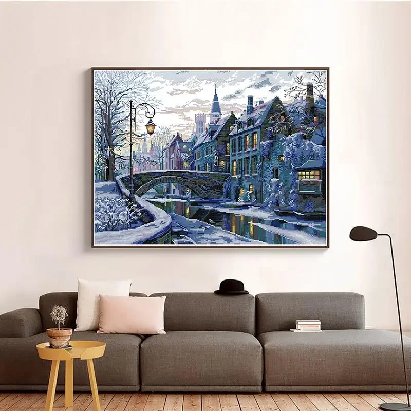 Winter Evening Landscape Pattern Cross Stitch Kit Aida 14CT 16CT 11CT Count White Canvas Print DMC Thread Sewing Embroidery Set