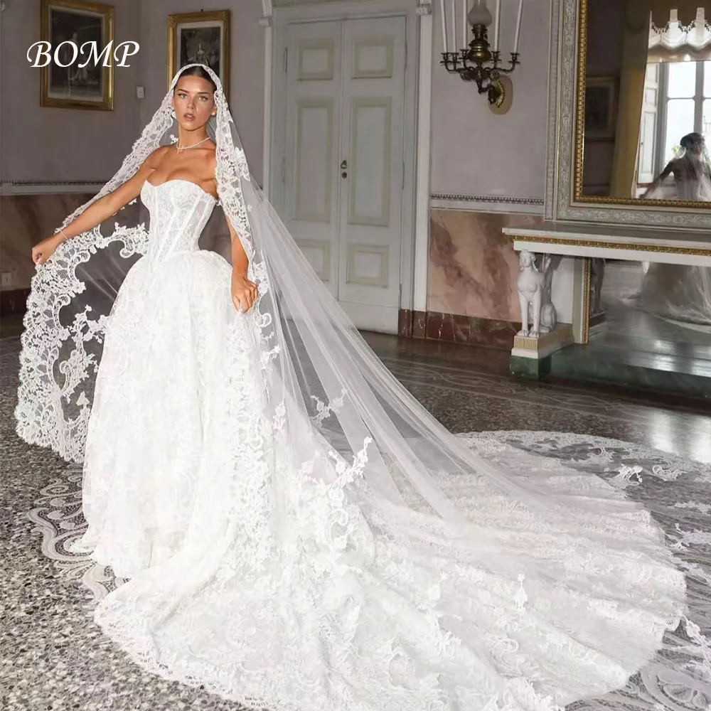 BOMP Princess White Lace Wedding Dress Strapless Corset A-Line Royal Train Bridal Gown Customized Luxury Vestido de novia