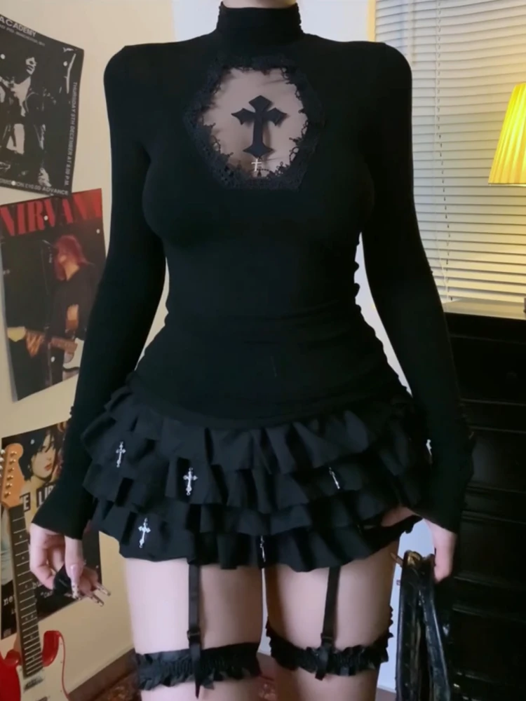 

Turtleneck Top Y2k Clothes Black Gothic Cross Hollow Slimming Bottom T Shirt for Women Long Sleeve Sexy T-shirt Girls Tops\p]\pl