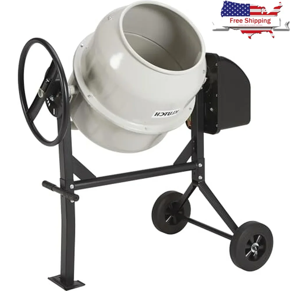 Electric Cement Mixer 4.25 Cu Ft Drum Easy Clean Non Slip Handle Construction Tool with Triangular Bracket and 7in Wheels