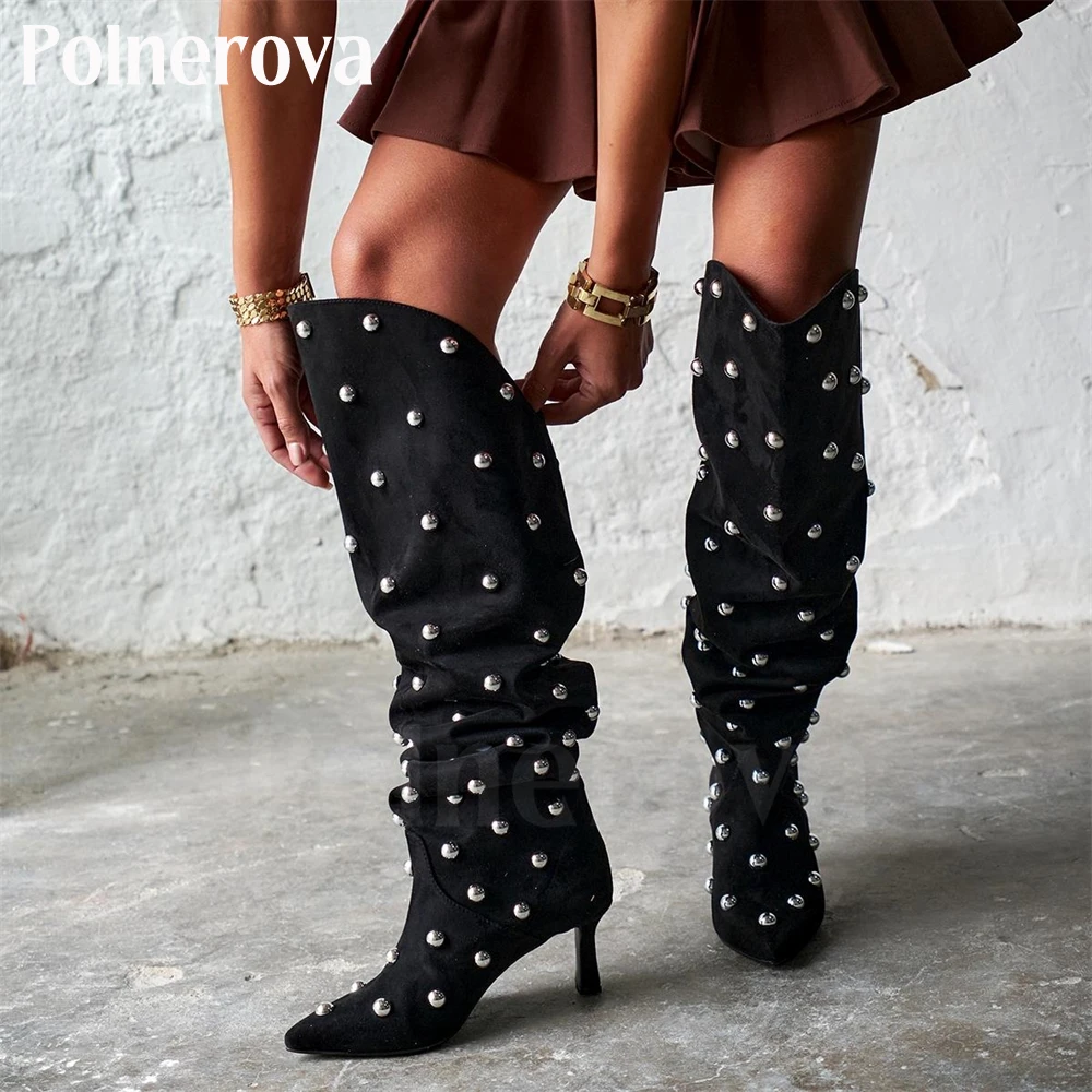 Silver Metal Beaded Knee Boots Black Suede Pointed Toe Boots Sexy Stiletto Fashion Boots for Women Punk Style Metal Rivet Boots