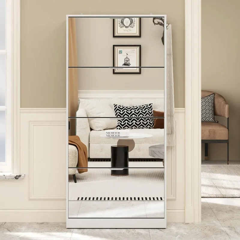 Mirror Shoe Cabinet with 4 Flip Drawers, Wooden Shoe Organizer with 4 Tier for Small Spaces, Full Length Mirror Shoe Rack