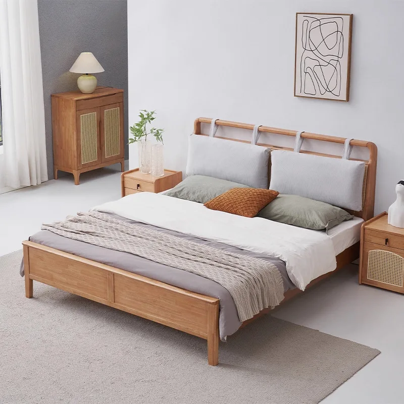 Solid wood bed Modern simple bedroom 1.5m rattan soft bed Wabi Sansan Japanese 1.8m double wooden rattan bed