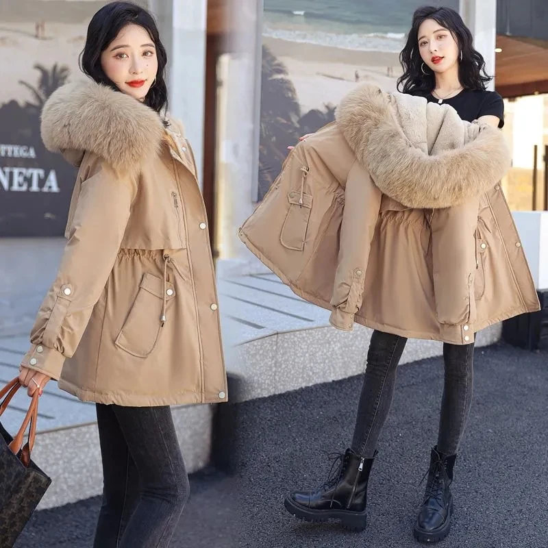 2024 New Women Parkas Coat Winter Warm Thicken Cotton Jacket Korean Loose Hooded Fur Coat Outwear Plus Size Women Jacket