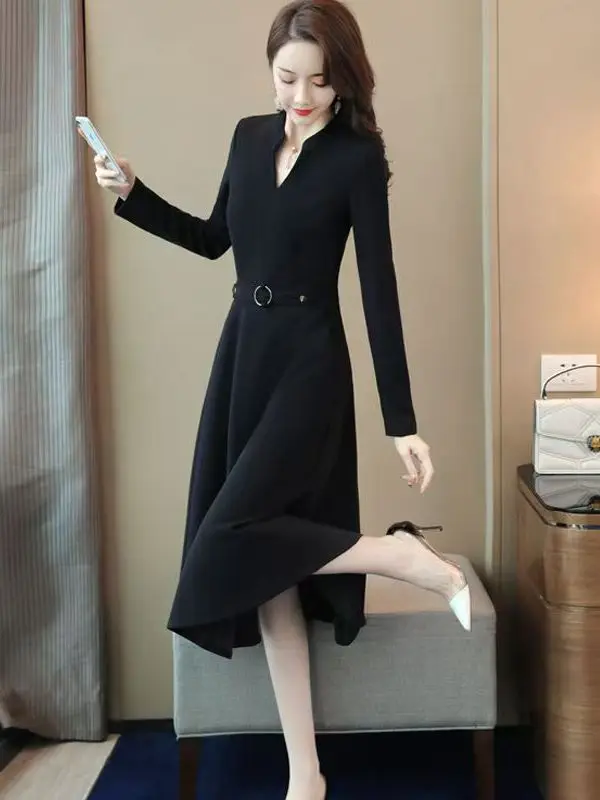 الكورية Sle ألف خط تنورة V-Ne طويلة Sve ميدي ثوب التخسيس ربيع الخريف الموسم عالية الخصر ألياف البوليستر الوقوف صالح