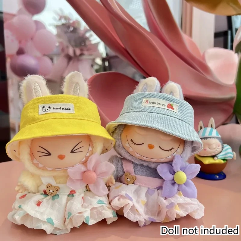Voor 17 cm Labubu Pop Outfit Gerimpelde Rok Bloem Haarspeld Set Visser Hoed Labubu Kleding Ropa Labubu