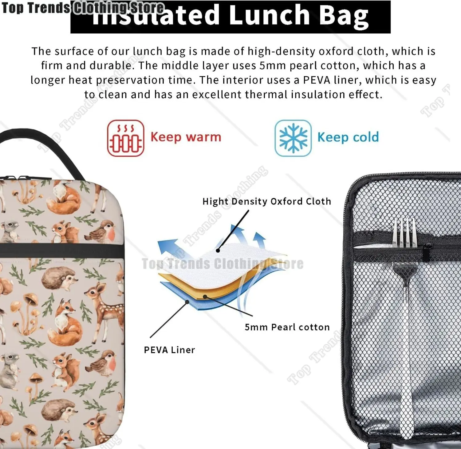 Forest Little Animals Lunch Bag Insulated Portable Reusable Deer Squirrel Fox Hedgehog And Bird Lunch Box With Zipper For Picnic