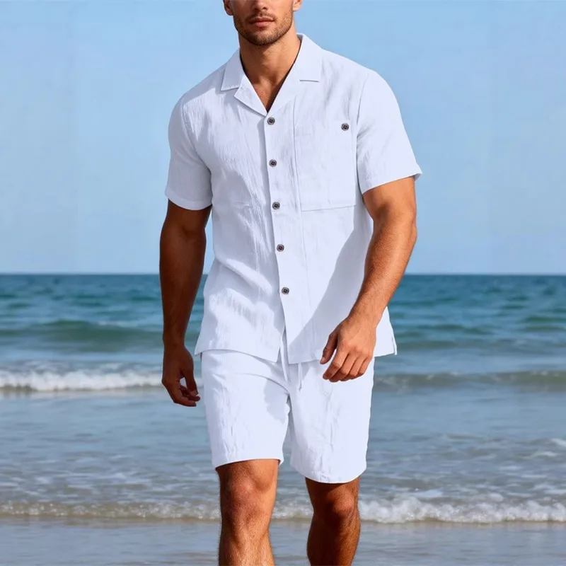 

Мужской льняной комплект: рубашка с коротким рукавом и шорты, повседневный летний пляжный наряд из двух предметов