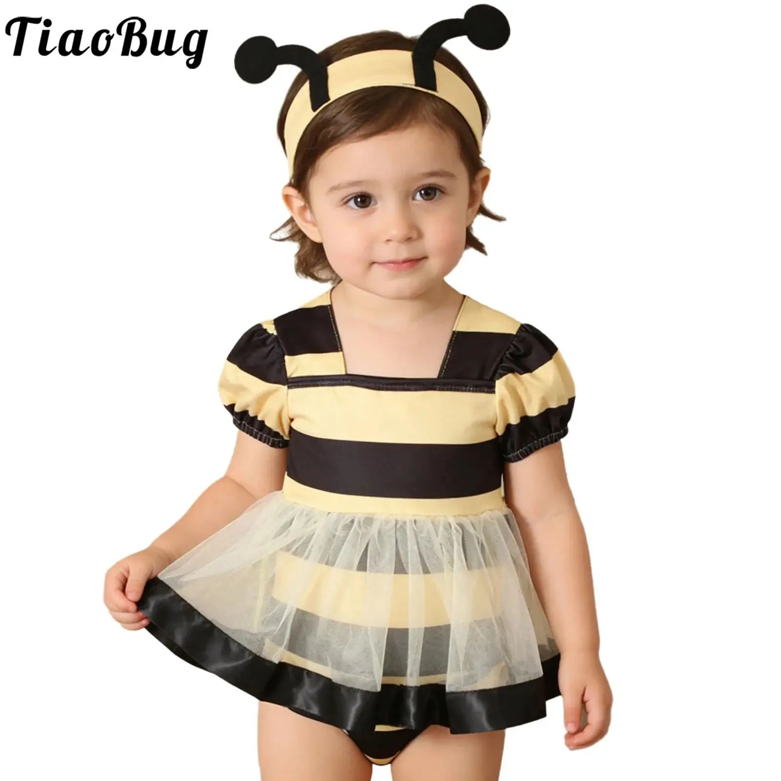 

Одежда для маленьких девочек, костюм в форме пчелы, комбинезон в полоску с квадратным вырезом, короткими рукавами, тюлевой юбкой и повязкой на голову, наряд для дня рождения