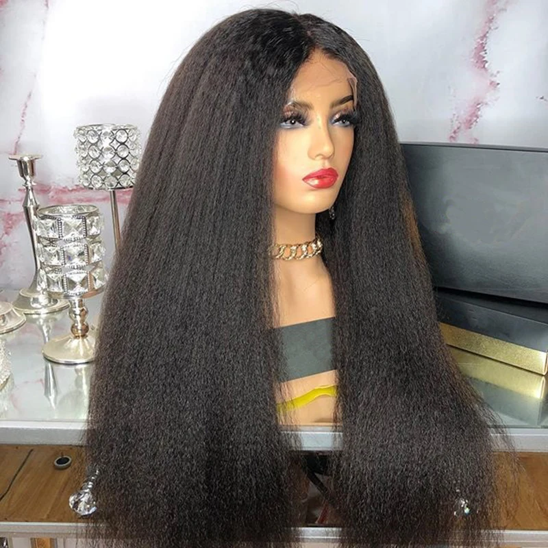 Glueless Long 26 inch Soft Black Yaki Kinky Straight Hair Wig For Women Natural Hairline Kinky Straight Wig With Afro Baby Hair