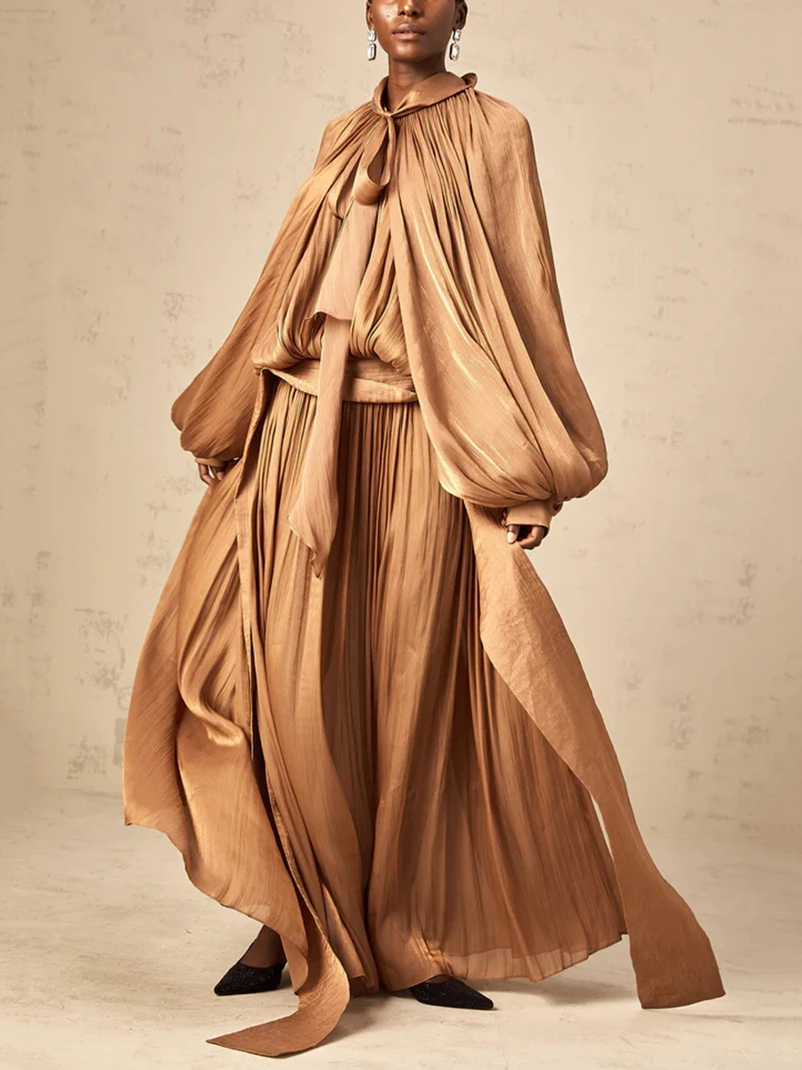CHICEVER Luxury Chic Prom Robe for Women Scarf Collar Lantern Sleeve High Waist Temperament Pleated Evening Dress Female Clothes