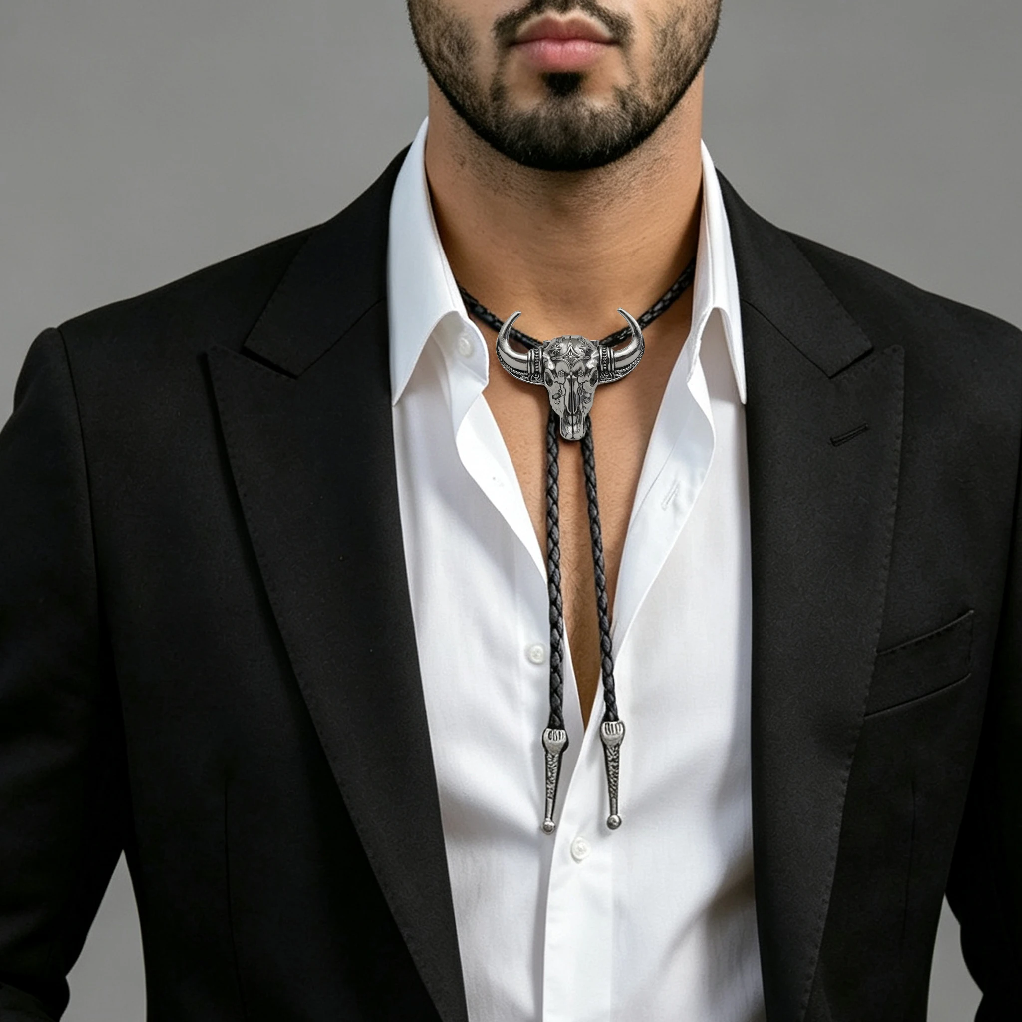 RechicGu Bolo-Krawatte mit Bullenkopf-Anhänger, Western-Cowboy-Krawatte für Herren, Lederseil, Halskette, Zubehör, Damen, Schmuck, Geschenke – Detail 4