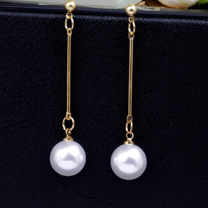 Korean White Pearl Long Dangle Earrings for Women Simple Tassel Round Imitation Pearl Ear Jewelry Valentine\'s Day Gift