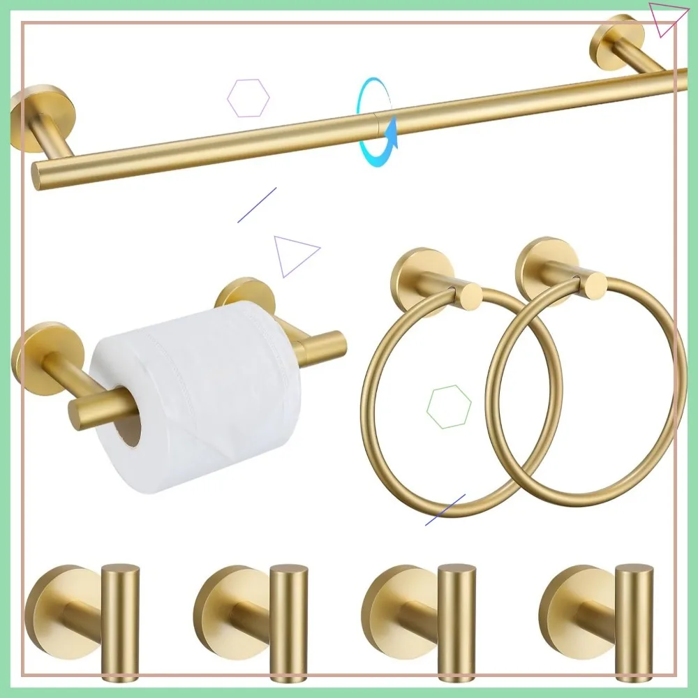 

8-Piece Brushed Gold Stainless Steel Bathroom Hardware Set with Towel Bar and Hooks