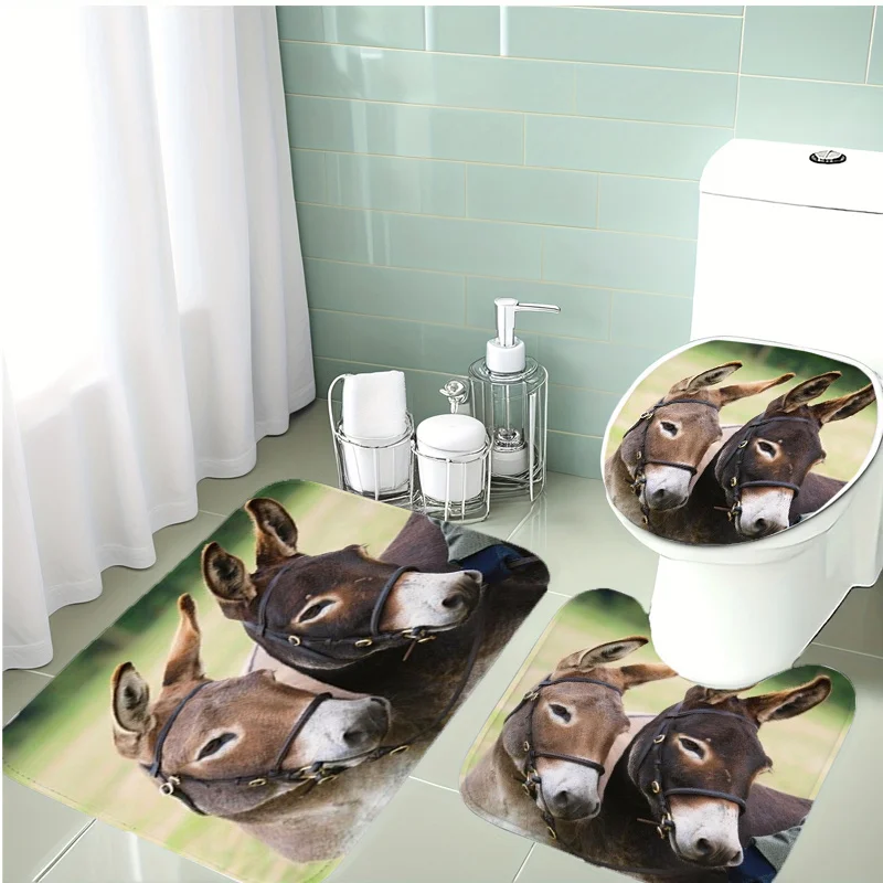 

3pcs Realistic Donkey Bath Set – Soft Flannel Non-Slip Mats, Toilet Lid + U-Mat, Fresh Meadow Decor for Farm Lovers & Holidays