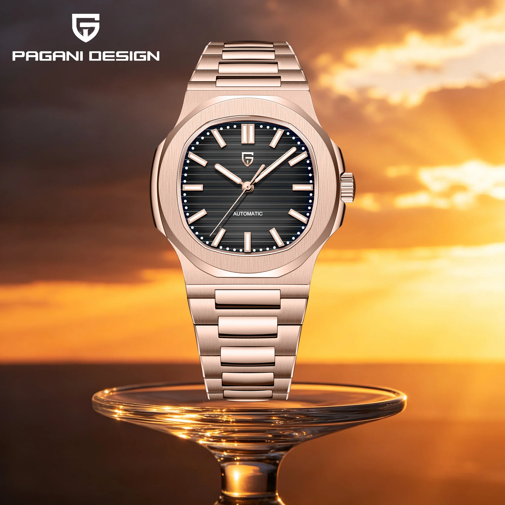 PAGANI DESIGN Business Elite Mens Automatic Mechanical Watch Rounded Octagon Case Vertical Striped Dial Stainless Luminous Watch
