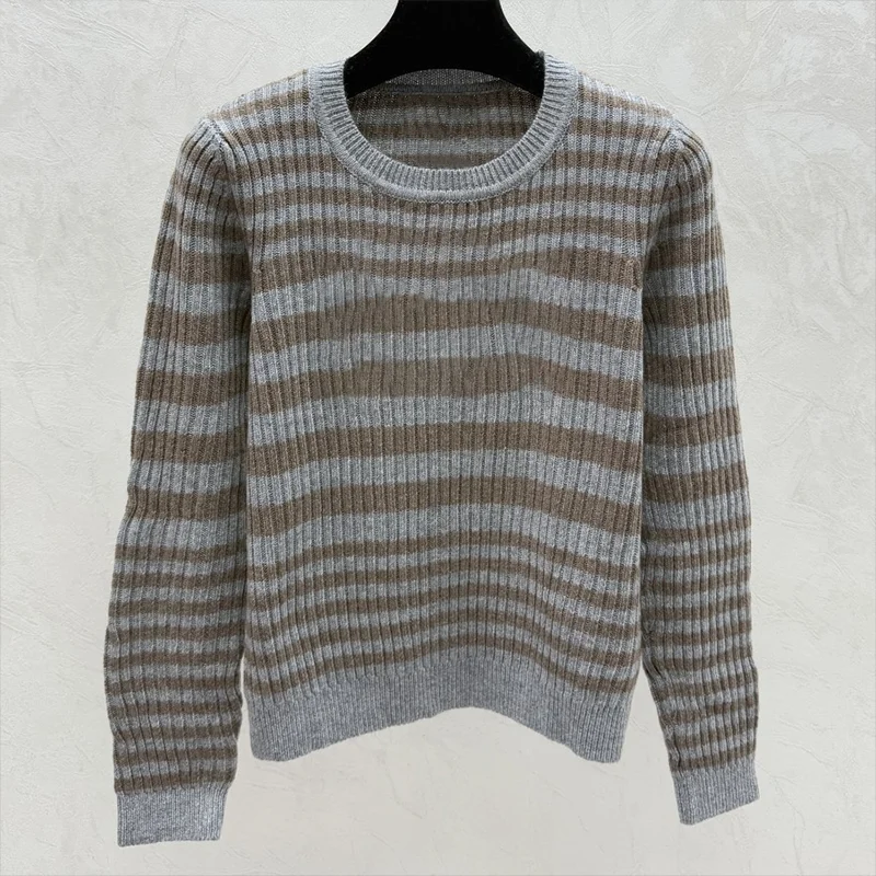 

High quality two-color striped women's embroidered logo sweater with fitted design pullover woman clothes 25120676