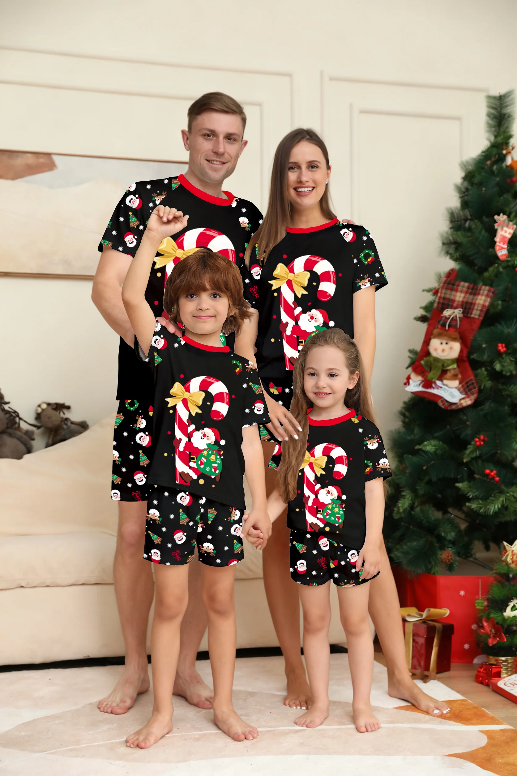 Family Christmas Pajamas Matching Parent-child Short Sleeve Shorts Black Santa Candy Cane Print Xmas Gift Men Women Kids