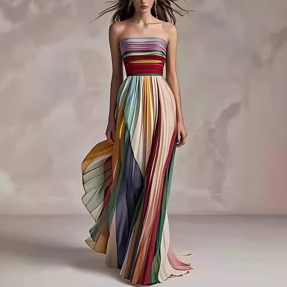 Customized Evening Dress Strapless Multi Color Gradient Pleated Flowy Ruffle Maxi Dress Bohemian Tropical Beach Photoshoot