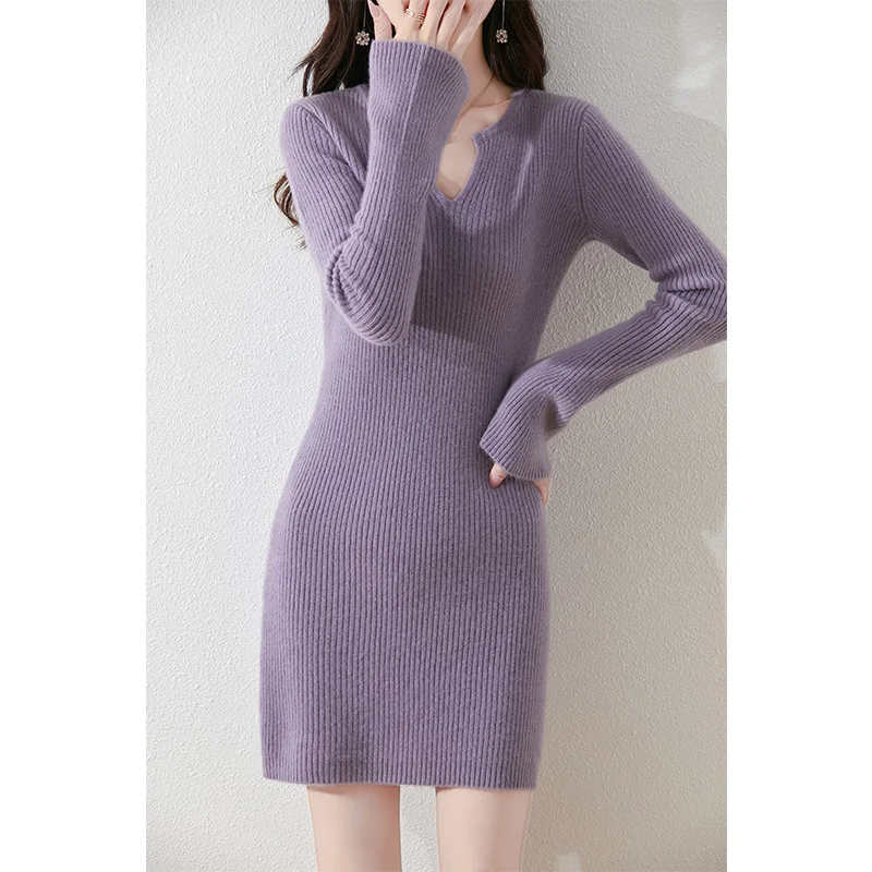 V-neck 100% pure wool women's long skirt slim knit dress knitted pullover sweater tight fitting women's hot selling wool dress