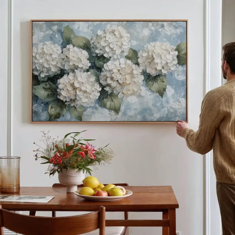 

White Hydrangeas Canvas Wall Art Textured Floral Painting Blue Background Elegant Flower Poster Botanical Artwork for Home Decor