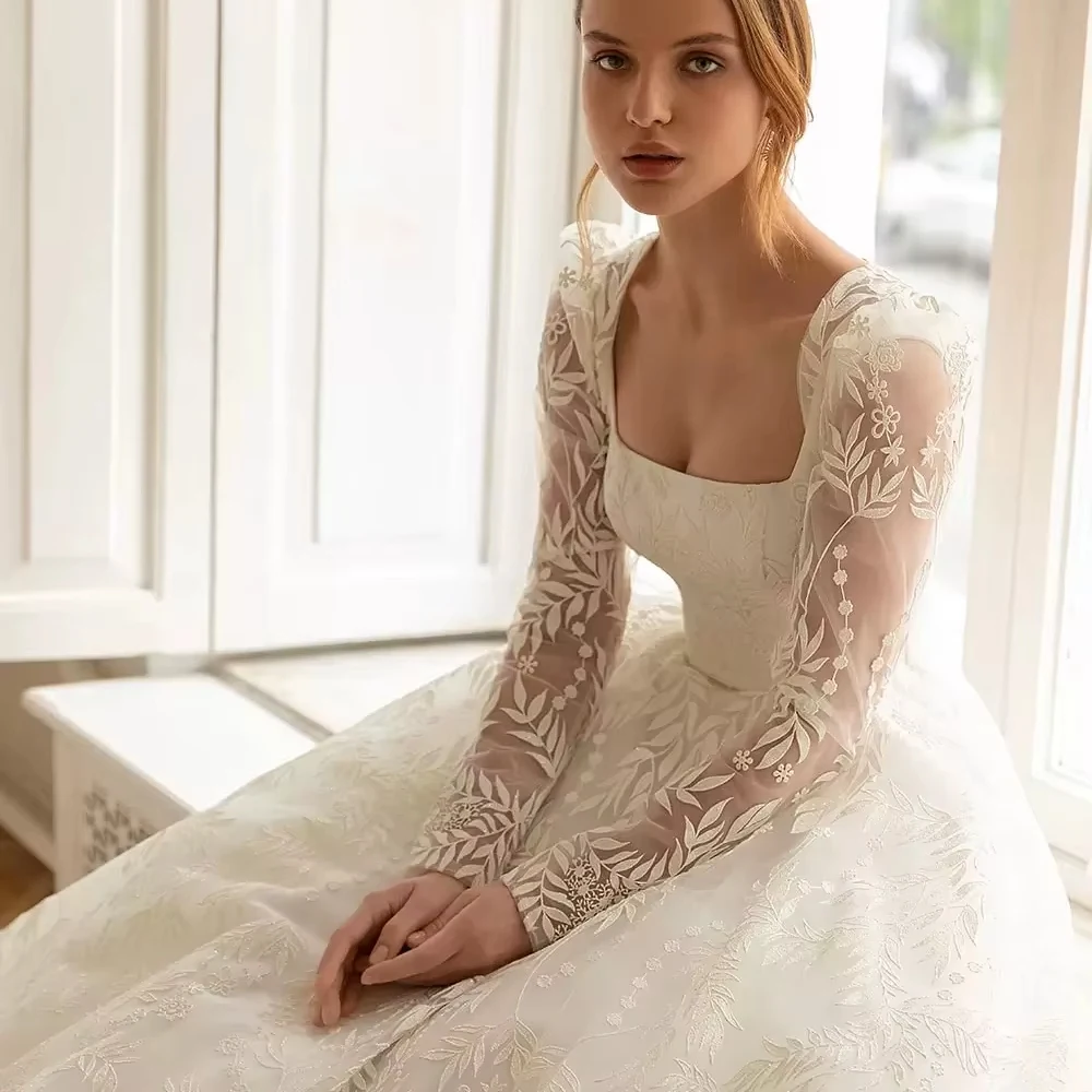 Aangepaste afneembare mouwen vierkante hals trouwjurk kant applique bruid gewaad sierlijke a-lijn lange gewaad bruidsjurk