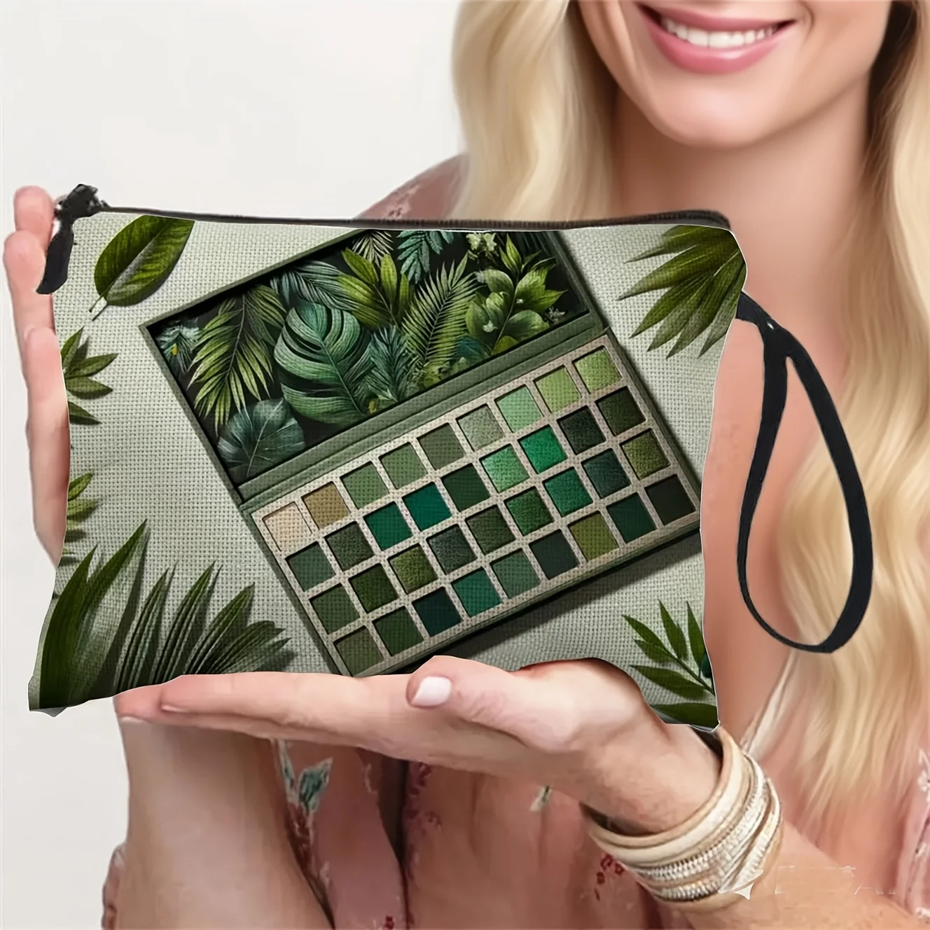 Green Plant Print Eyeshadow Palette Cosmetic Bag Toiletry Bag 2D Flat Printing Storage Bag for Women Summer Travel Gifts